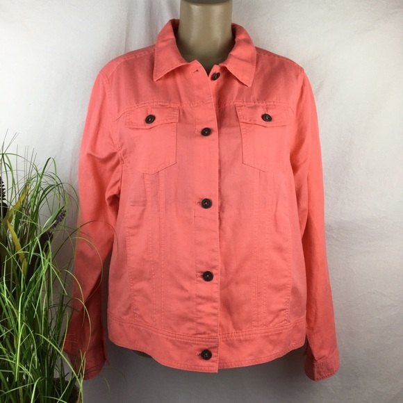 LL Bean Linen Blend Coral Orange Button Up Shirt Trucker Jacket L - Picture 3 of 8